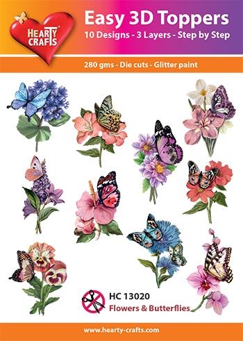 Easy 3D Toppers Flowers and butterflies 10 udstandsede motiver med glimmer